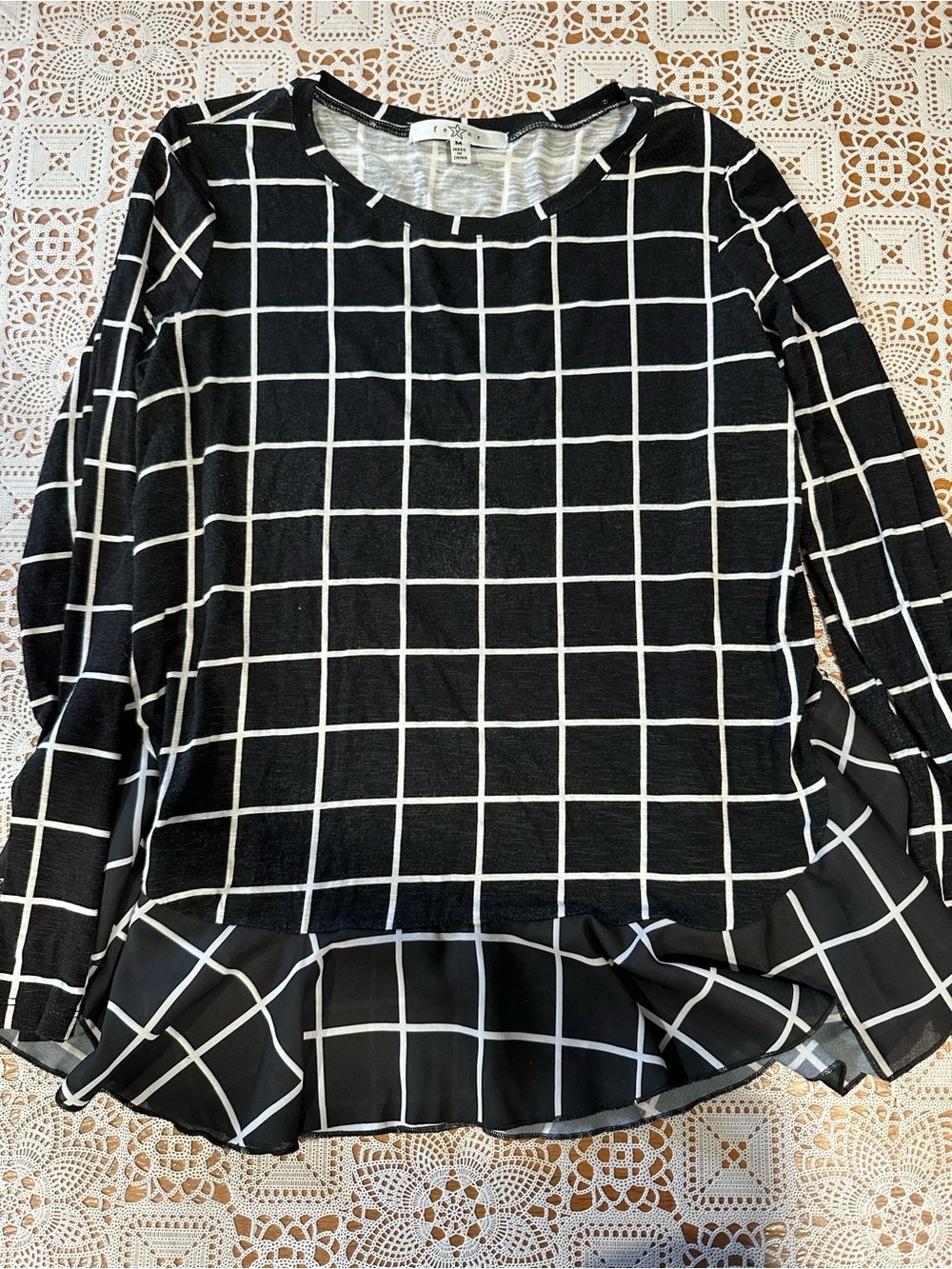 Fever Black White Windowpane Peplum Blouse Size Medium